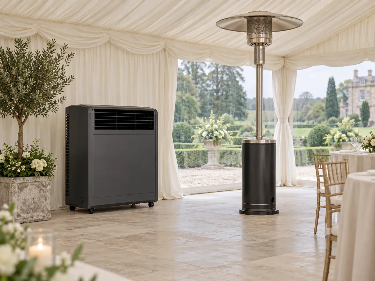 Discreet air conditioning and heating inside a marquee