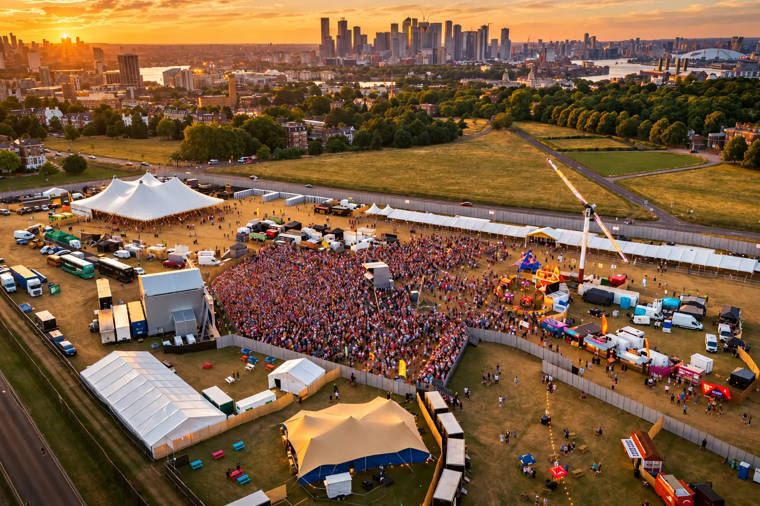 Large temporary structures arranged across a festival and production site