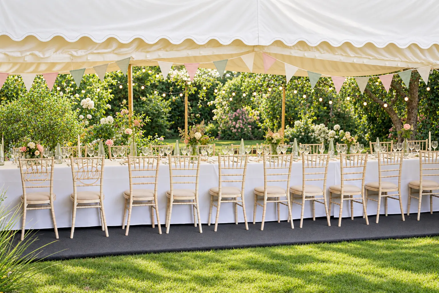 An open-sided garden marquee set for a summer celebration
