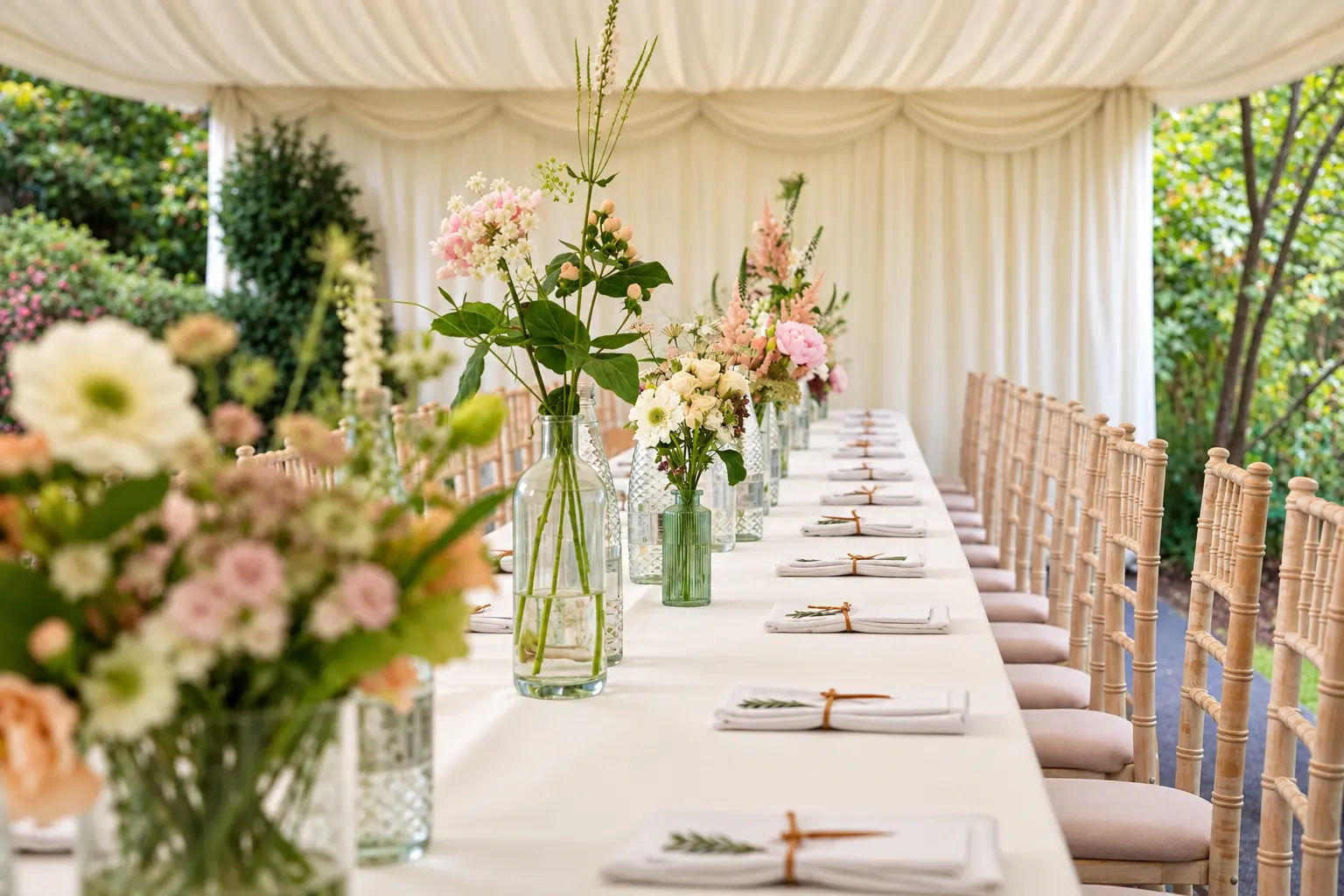 An intimate long dining table beneath ivory marquee linings