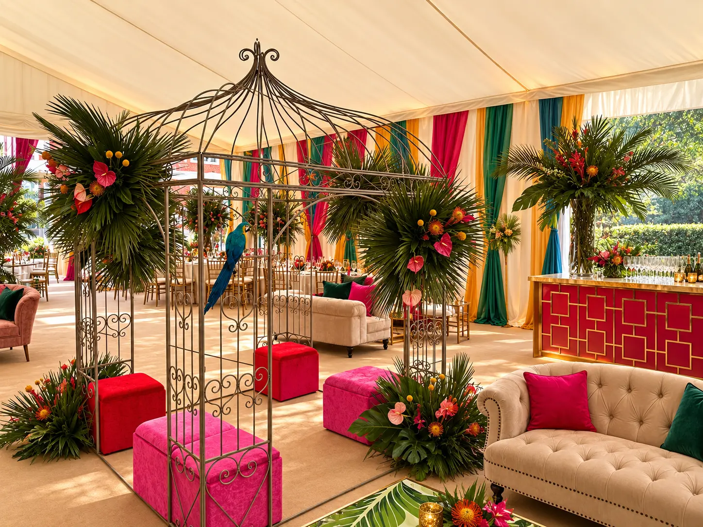 A tropical marquee interior with sculptural florals and colourful styling
